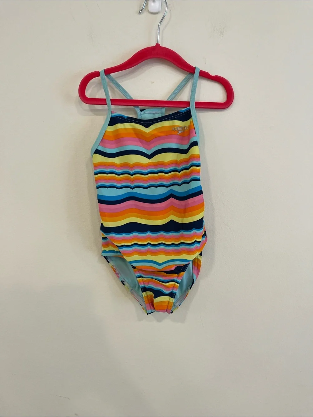 Speedo Girls Rainbow Wave Stripe One-Piece Swimsuit - Light Blue Trim